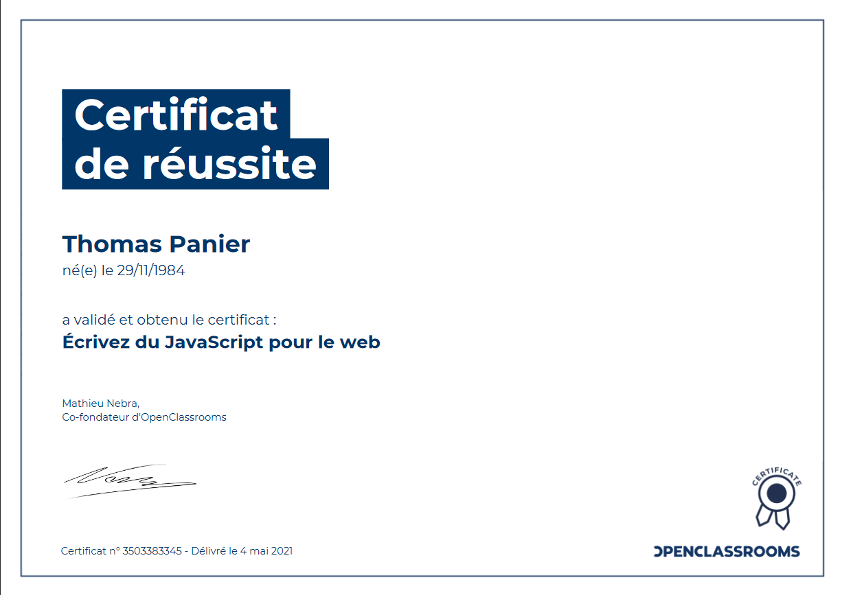 certificat écrivez du javaScript pour le web