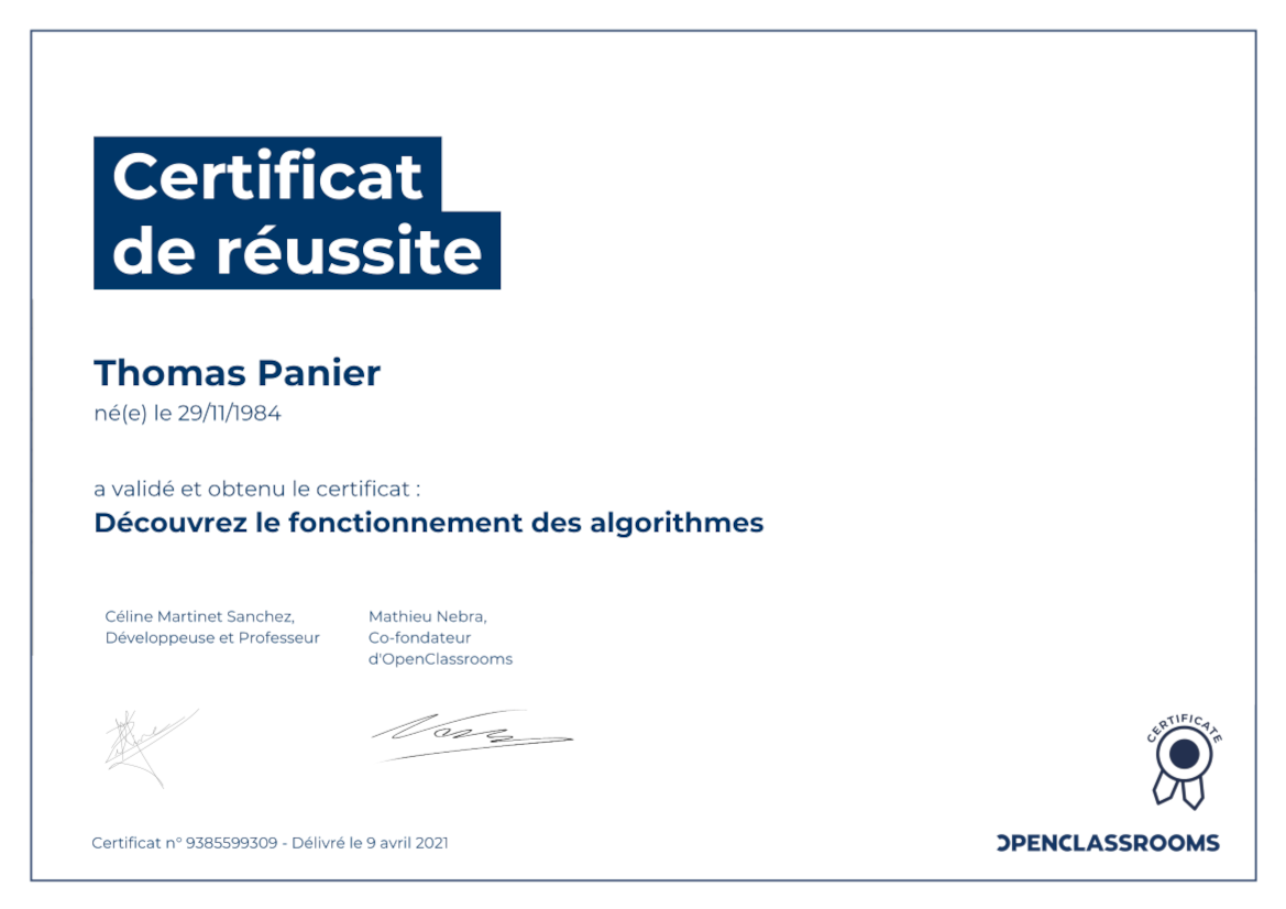 certificat fonctionnement des algorithmes