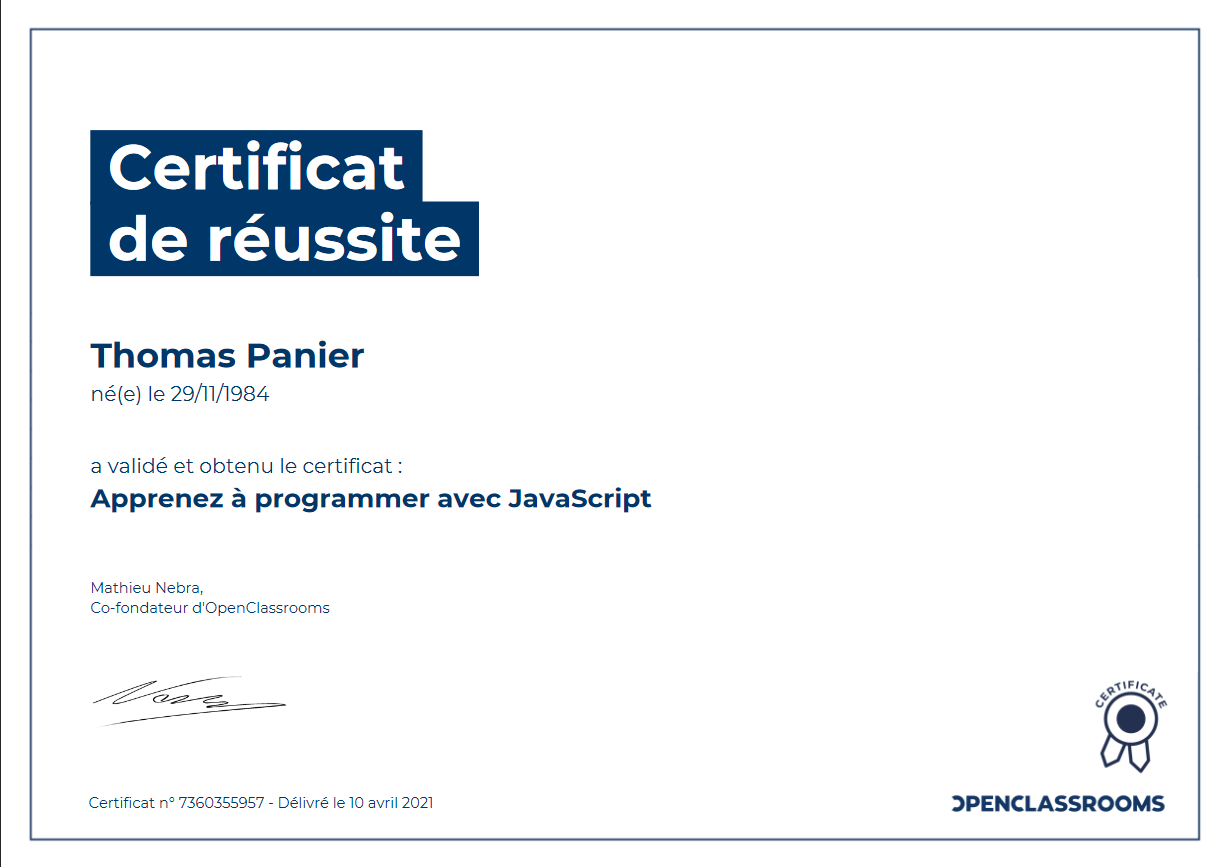 certificat programmer avec javaScript